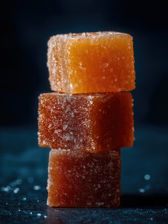 Soft orange gummy cube orange gummy brown gummy stacked candy sugar coated square candy fruit jelly gelatin candy dessert confection sweet snack close up macro texture crystalline sugaredの素材