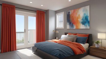 Modern bedroom with orange curtains blue bedding and abstract wall painting creating cozy bright atmosphere with natural light and contemporary decorの素材