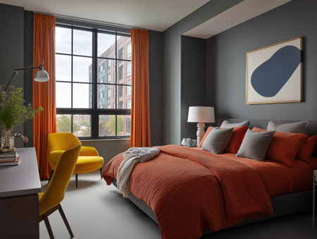 Modern bedroom with dark gray wall orange curtains and rust duvet, yellow accent chair by large window creating cozy urban retreat with layered pillows, lamp and minimalist artworkの素材