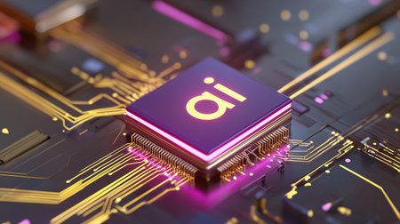 Purple ai chip on circuit board glowing neon with futuristic technology vibe and warm lighting conveying innovation and connectivityの素材