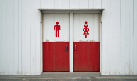 Red restroom sign man icon woman icon door public toilet gender symbol red and white outdoor minimal signage calmの素材