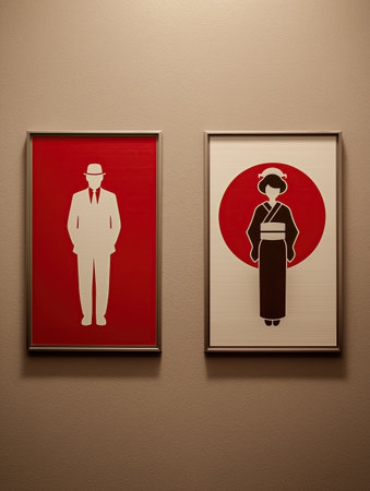 Red restroom sign male icon female icon kimono red circle wall minimalist signage bathroom doorの素材