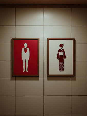 Framed restroom sign male icon female icon kimono red panel white wall tiled wall minimalist public restroom culturalの素材