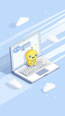 Cute robot laptop chat bubble pastel blue kawaii cartoon cloud digital friendly minimalの素材