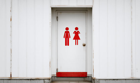 Red restroom icons gender symbols white door public toilet minimal exterior clean wall simple signage unisex restroom outdoor facility red paint calmの素材
