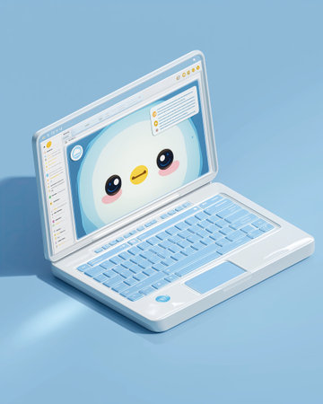 Cute isometric laptop pastel blue device open window chat kawaii face avatar 3d illustration render minimal design style soft light scene floating interface UIの素材