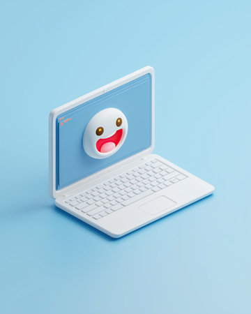 Cute laptop isometric 3D render blue background happy face kawaii minimal pastel open screen white keyboard brighten mood with cute isometric 3D render blue background showing happy face openの素材