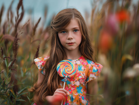 Young girl long brown hair colorful dress lollipop meadow portrait blue eyes summer floral pattern candyの素材