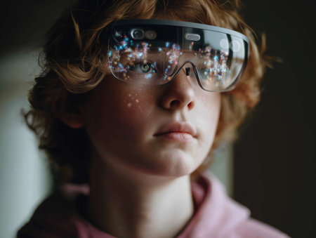Teenager wearing augmented reality glasses projecting glowing AI companion holograms, thoughtful expression and soft natural lightingの素材
