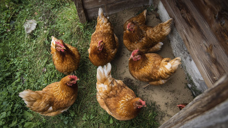 Free range brown hen chicken flock pecking in outdoor coop yard showing natural farm life and rustic wooden shelterの素材
