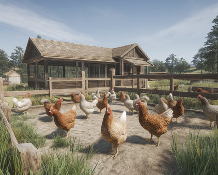Free range chicken flock in outdoor coop yard with wooden fence and rural farmhouse background, calm natural farm sceneの素材