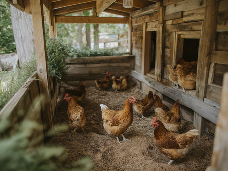 Free range brown chicken in rustic wooden coop with natural light, straw bedding and greenery creating calm farm atmosphereの素材