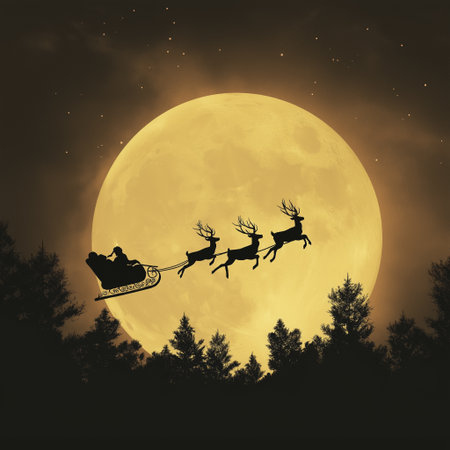 Sleigh reindeer moon night forest silhouette santa flight magic festive winterの素材