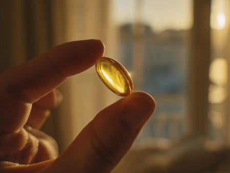 Soft yellow capsule vitamin oil supplement held between fingers in warm window light, gentle glow and calm moodの素材