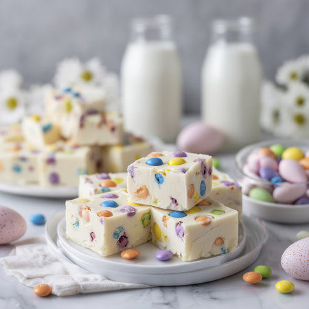 White fudge squares with colorful candy pieces and pastel eggs arranged on plates and milk bottles in soft spring settingの素材