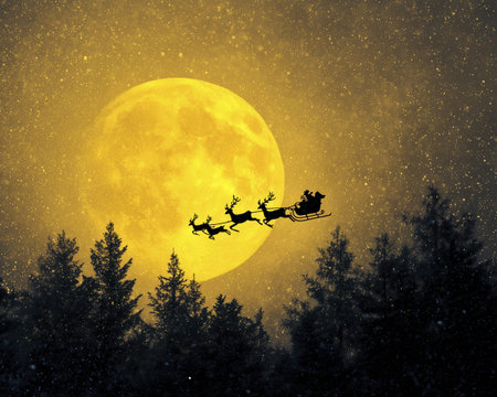 Full moon silhouette sleigh reindeer moonlit night forest snowfall magical holiday scene joyfulの素材