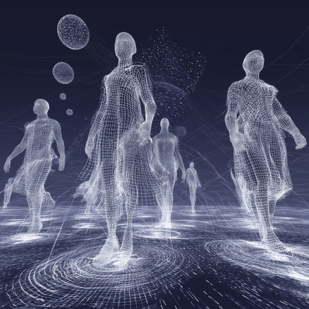 Wireframe human figures mesh people digital network abstract crowd holographic silhouettes futuristic scene data visualization walking figuresの素材