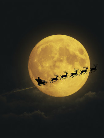 Full moon night sky with silhouetted sleigh and reindeer flying across golden lunar backdrop, magical holiday atmosphereの素材