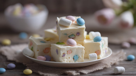 White fudge squares with pastel candy pieces and marshmallow topping on plate, soft spring dessert display, cozy table sceneの素材