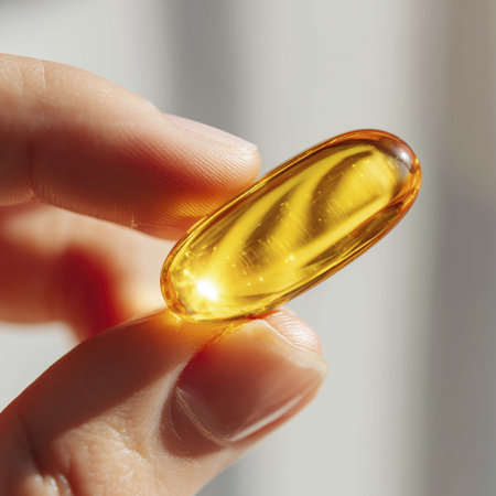 Golden capsule fish oil supplement hand close up sunlightの素材