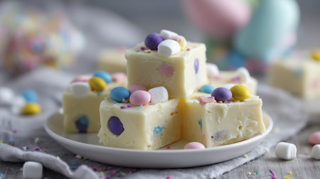 White chocolate fudge cube with pastel candy pieces and mini marshmallow on white plate, soft pastel dessert scene with sprinkles and festive moodの素材
