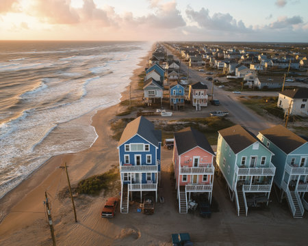 Coastal beach houses on sand at sunset warm light drone perspective serene ocean wavesの素材