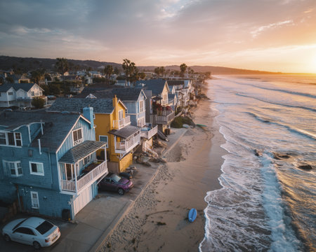 Colorful beach house row sunset ocean waves sandy shoreline coastal living calm eveningの素材