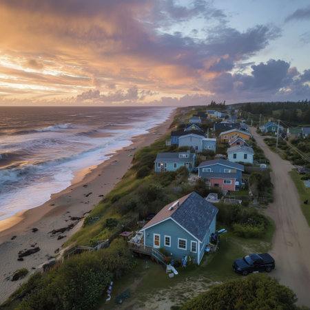 Coastal house sunset ocean beach waves drone aerial view seaside community sereneの素材