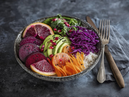 Vibrant avocado and citrus salad bowl with rice, shredded cabbage, beets, carrot ribbons and pomegranate seeds, fresh leafy greens and sesameの素材
