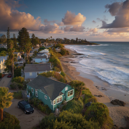 Coastal cottage sunrise coastal town ocean beach sunrise clouds waves shoreline palm treeの素材