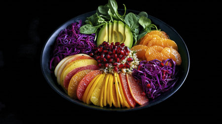 Vibrant salad bowl avocado pomegranate orange spinach cabbage citrus slices mango grapefruit bulgurの素材