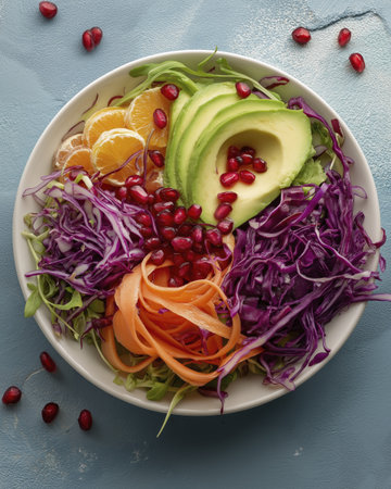Fresh avocado salad bowl with mandarin, pomegranate and shredded purple cabbage, vibrant healthy vegetarian meal with carrot ribbon and greensの素材