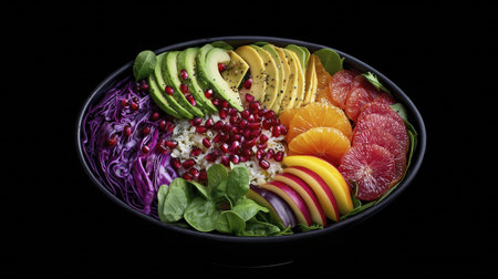 Sliced avocado, citrus, pomegranate and colorful vegetables arranged vibrant fresh salad bowl with rice and leafy greens, bright healthy mealの素材