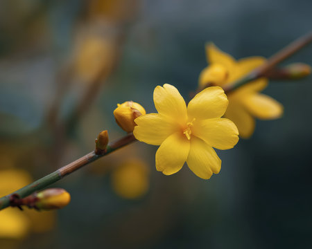 Yellow winter jasmine flower close up with buds and blurred background, delicate petals and soft moodの素材