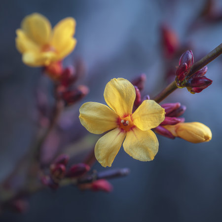 Yellow winter jasmine flower close up with buds and blurred background, delicate petals and soft moody lightingの素材