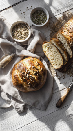 Rustic bread artisan loaf sliced bread sourdough seeds golden crust bakery still life top view natural light wooden board knifeの素材