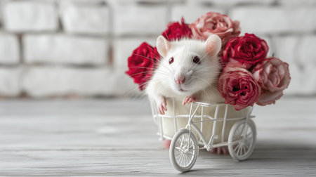 White rat red rose pink rose flower bouquet small bicycle white basket cute pet gentle light soft focus rusticの素材