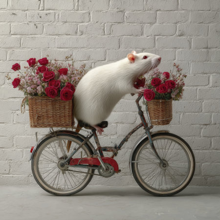 White rat red rose wicker basket vintage bicycle brick wall floral arrangement cute animal whimsy studio light still life compose with charmの素材