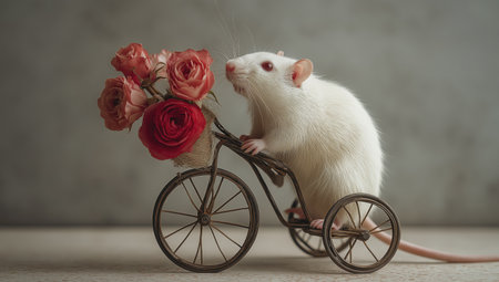 White rat small ears red roses vintage tricycle cute pet soft light neutral background close up delicate whimsy joy white rat with small earsの素材