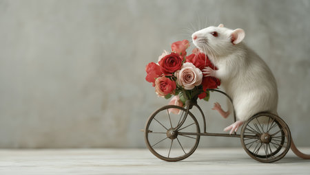White rat small ears red rose bouquet vintage tricycle soft light rustic cute pet studioの素材