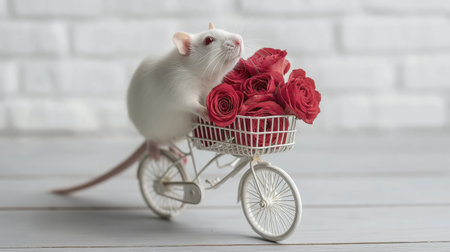 White rat red rose tiny bicycle wire basket soft light cute pet romantic gift playful pose whimsical scene floral bouquet spark gentle joyの素材