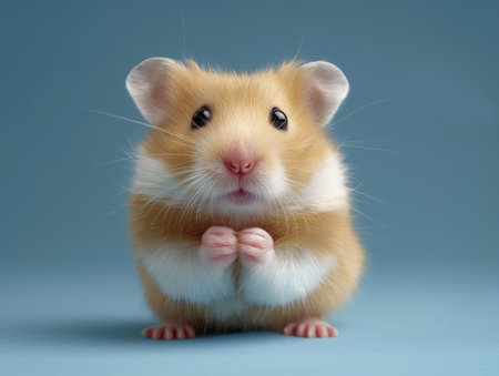Cute hamster small pet fluffy fur round face tiny paws blue background studio light whiskersの素材