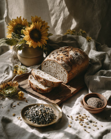 Sourdough bread sunflower seed chia seed rustic loaf artisan bakery sliced bread whole grain natural light wooden board cozy kitchen comfortの素材