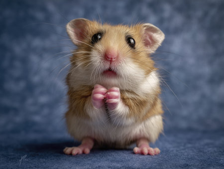 Cute hamster small rodent pink paws fluffy fur blue background studio light whiskers big eyes pleading pose adorable charm blendの素材