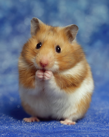 Golden hamster small pet fluffy fur cute rodent blue background close up soft light whisker studio paws clasped with tender charmの素材