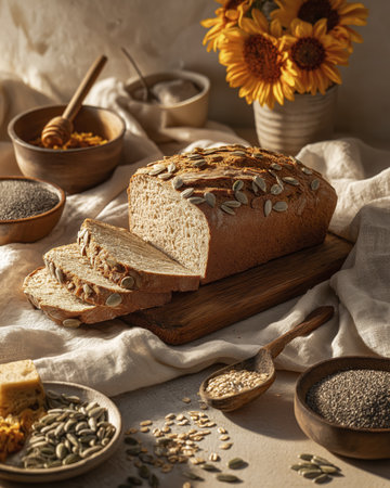 Sourdough bread with sunflower seed and chia seed on wooden board, rustic loaf sliced, warm light, cozy kitchen, natural texture, artisan bakeの素材