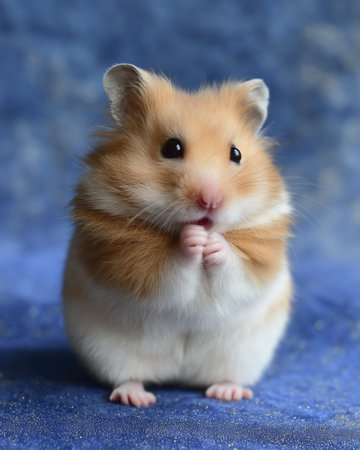 Cute hamster golden brown fur fluffy rodent small pet blue background soft light whiskers tiny paws adorable expression close upの素材