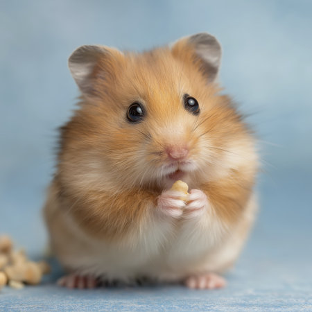 Golden hamster cute rodent small pet fluffy fur golden brown tiny paws blue background close up whiskers snackの素材