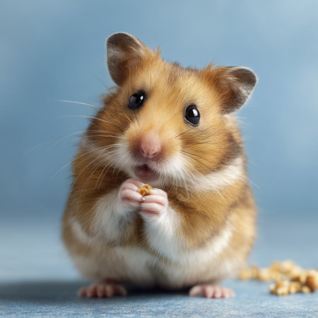 Cute hamster golden brown fur small pet whiskers paws snack blue background studio fluffy closeup with warmthの素材