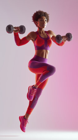 Athletic woman dumbbell workout jump dynamic pose neon sportwear afro hair strong body studio light pink background energyの素材